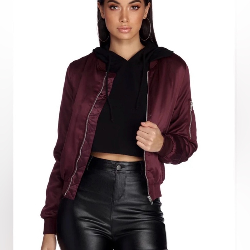 Ambiance Maroon Satin Bomber Jacket